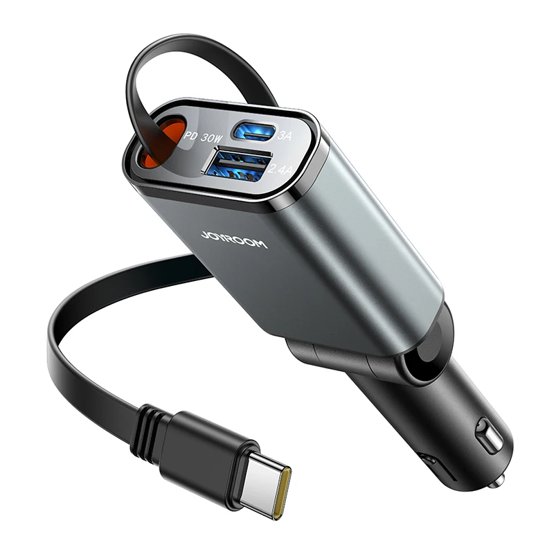 

Автомобильное зарядное устройство Joyroom 57 Вт USB C для быстрой зарядки с выдвижным кабелем Ультратонкое автомобильное зарядное устройство с 3 портами для iPhone/Samsung