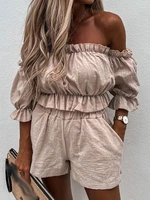 solid ruffles off shoulder women shorts set slash neck crop tops and high waist bottom ladies suit summer beach style casual new