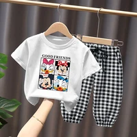 disney casual two piece short sleeved t shirt top cropped plaid pants childrens clothing anti mosquito boys girls casual