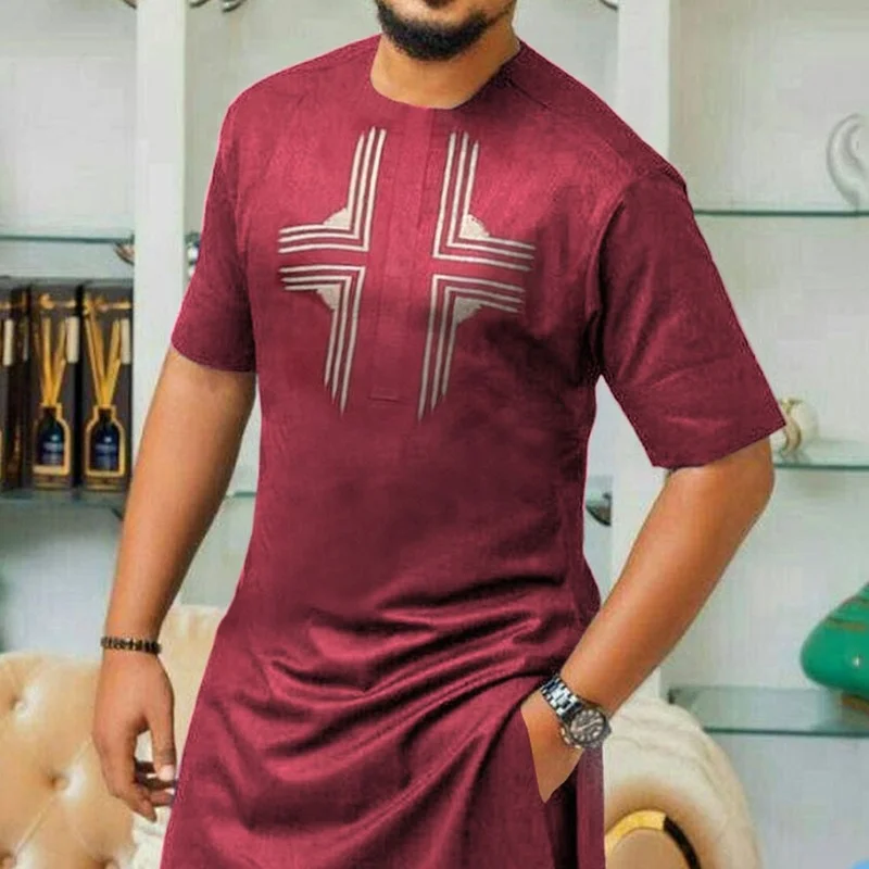 Muslim Fashion African Red Collarless Slim Fit Casual Summer Shirt Arabic Shirt Kurta Men Camisas Estilo Europeo Pars Hombre