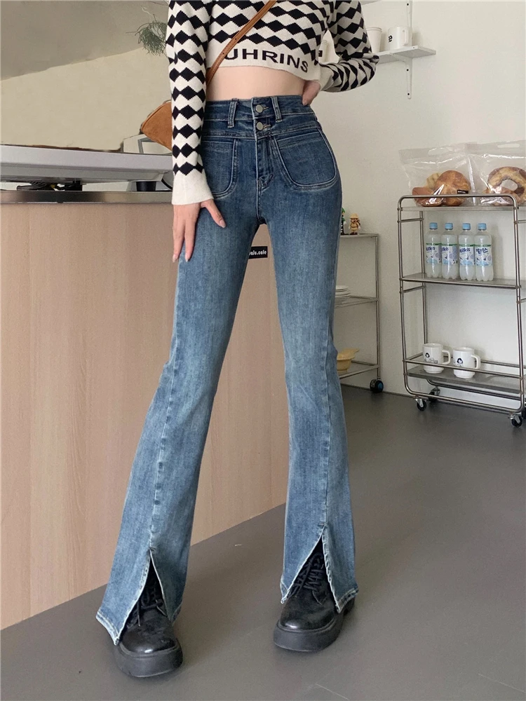 

2023 Women Solid Split Jeans Spring High Waist Stretch Denim Flare Pants Y2K Skinny Pantalones Korean Female Jean Pants 7102