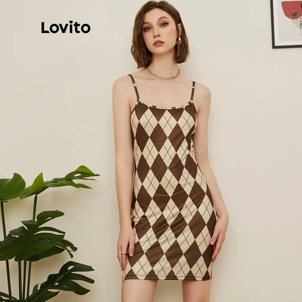 

Lovito Preppy Argyle Colorblock Slim Fit Cami Dress For Women L19D001 (Khaki)