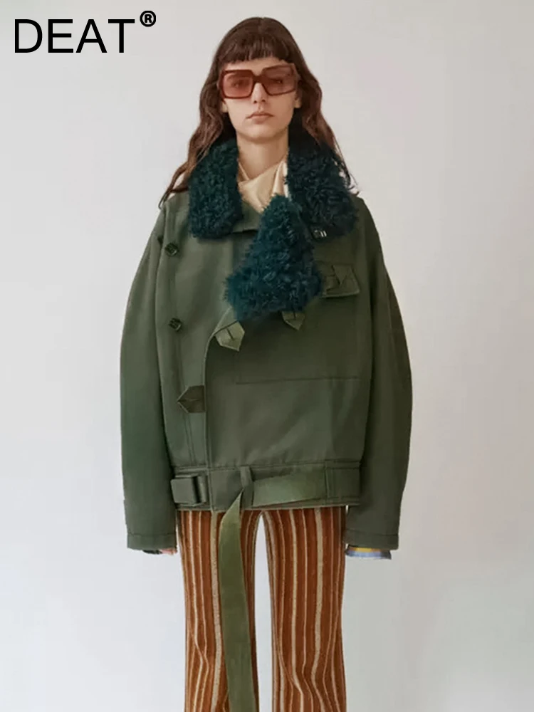 

DEAT Fashion Women's Cotton-padded Coat Lamb Fur Collar Covered Button Long Sleeves Warm Parka Jackets Winter 2023 New 17A9890