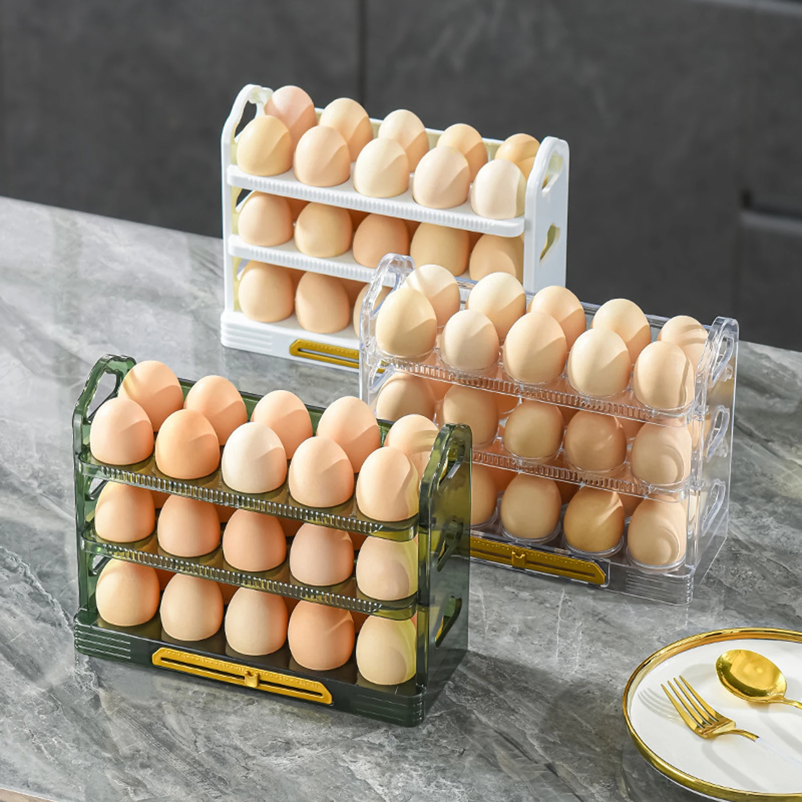 

30 Grid Egg Holder Rotating 3 Tiers Fridge Eggs Organizer Space-saving Kitchen Egg Storage Box Portable Egg Tray Container Case