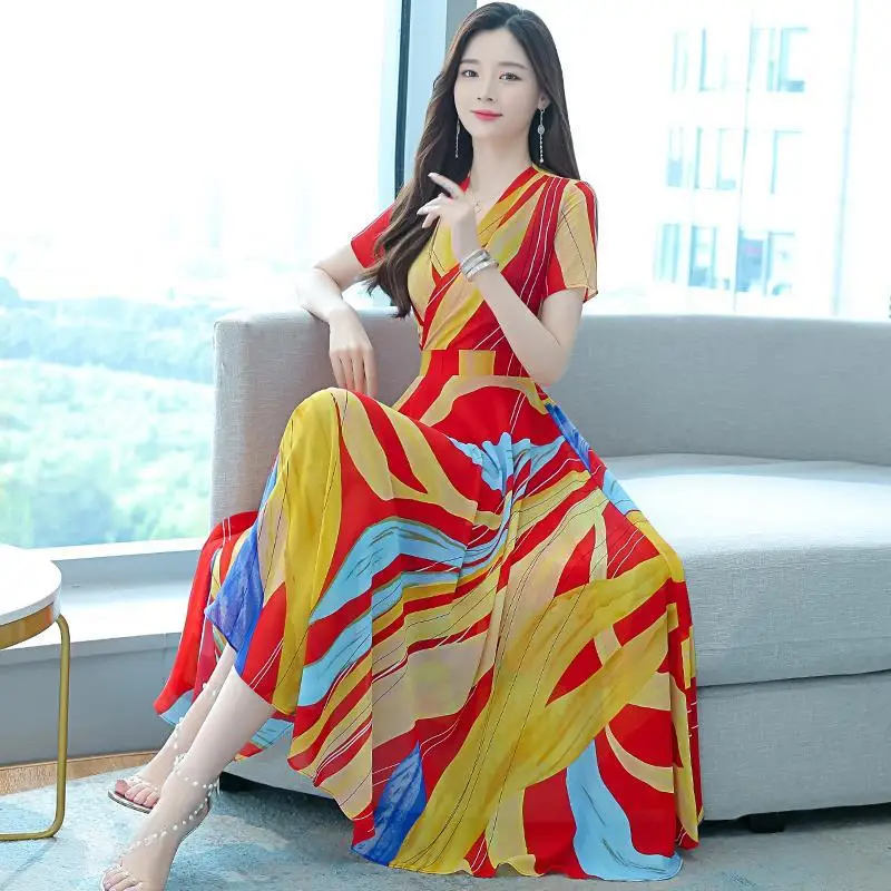 

2022 Women's Summer New Fashion Short Sleeve Beach Dress Female V-neck Printed Vestidos Ladies Long Loose A-line Dresses K121