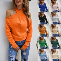 2022 new womens large size v neck off shoulder knitted sweater cross sexy personality sweater women