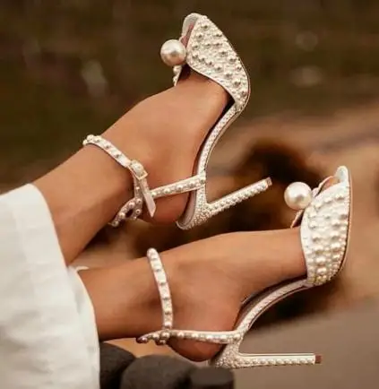Women's White Thin High Heels Sandals Peep Toe Pearl Decoration Female Sexy Summer Sandals Party Shoes