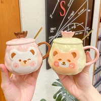 ins cartoon bear crown pattern mugs ceramic cups with spoon lid water drinking cup mug home student couple cups business crafts