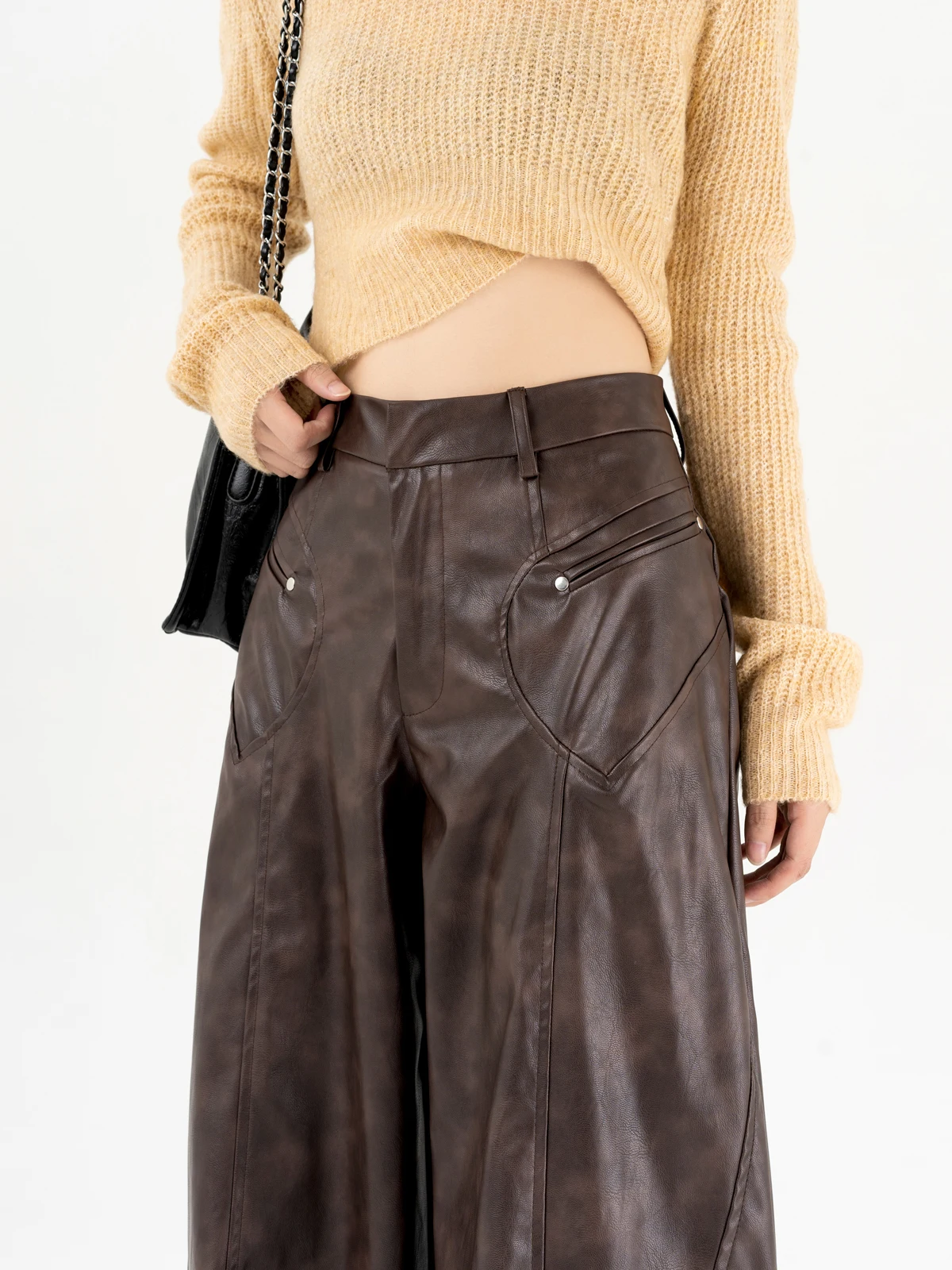 Винтажные коричневые женские брюки из искусственной кожи уличная одежда в стиле