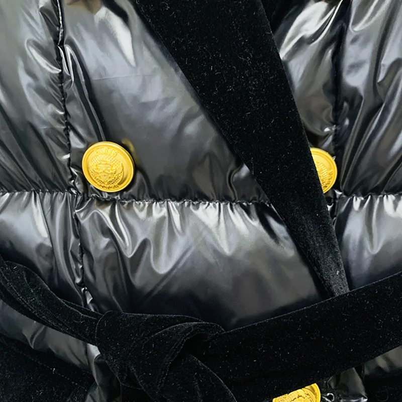 White Dark Down Parkas Women Fashion Tie Belt Coats Gold Lion Buttons Female Elegant Solid Glossy Slim Long Jackets Winter Warm