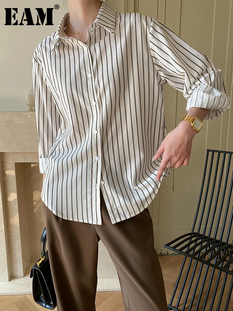 

[EAM] Women White Striped Elegant Big Size Blouse New Lapel Long Sleeve Loose Fit Shirt Fashion Tide Spring Autumn 2023 1DF7503