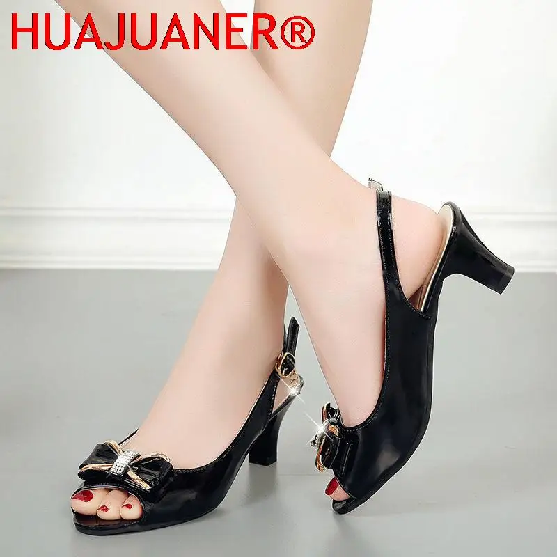 

HUAJUANER Women Fashion White Pu Leather Open Toe Slip on High Heel Sandals Lady Black Comfort Summer Shoes Heel Pumps