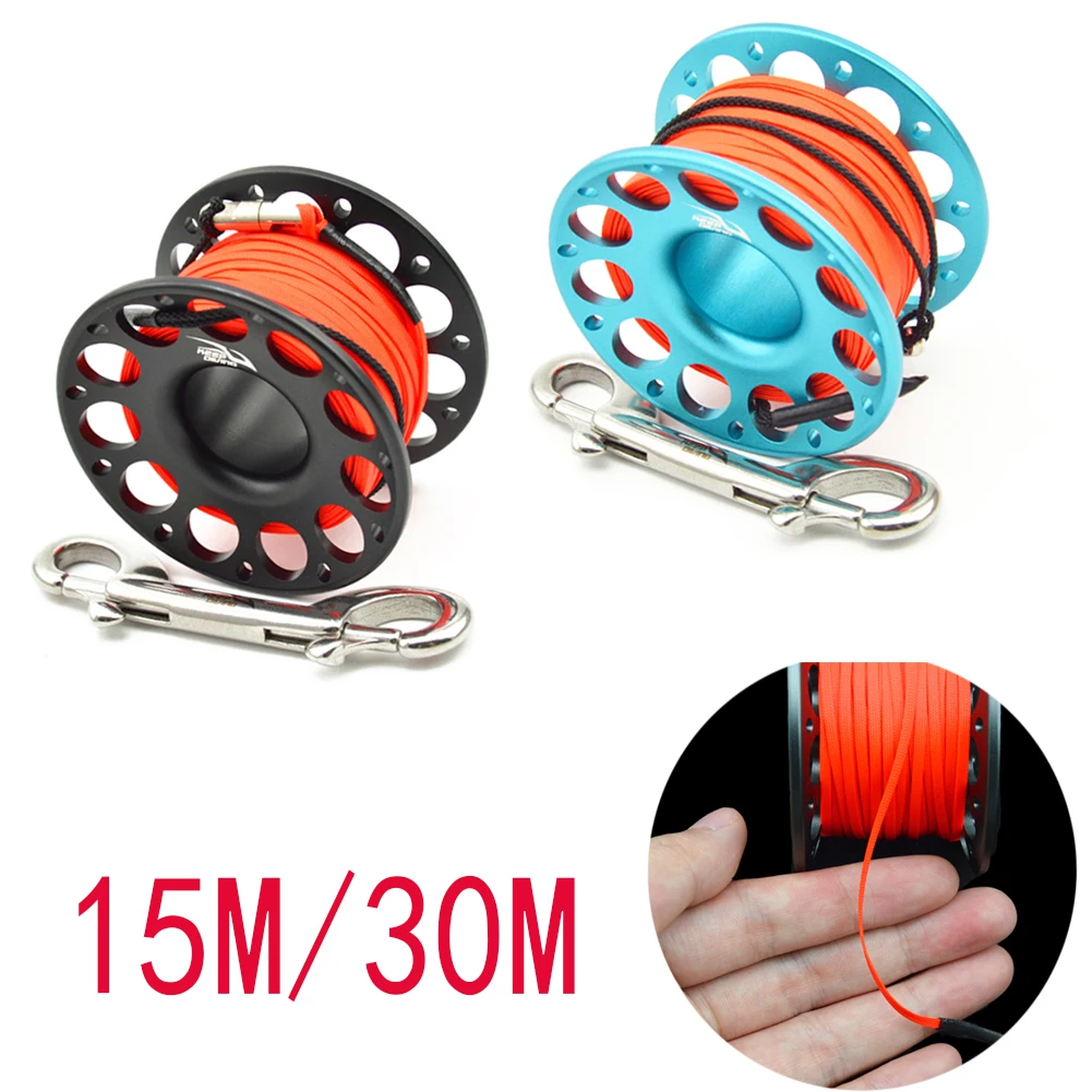 

15m 30m Scuba Diving POM Plastic Spool Finger Reel with Stainless Steel Double Ended Hook SMB Equipment Cave Dive Equipment