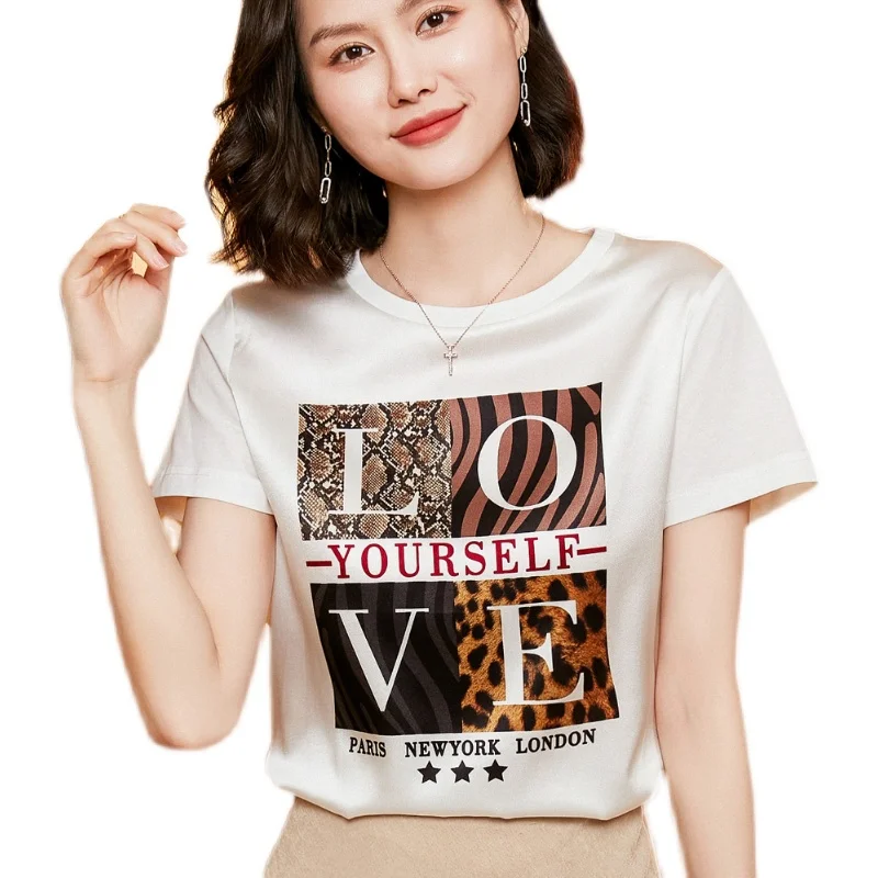 

O Neck Satin T-shirt Women Short Sleeve Printed Tees Women's Summer Print Short Sleeve T Shirt