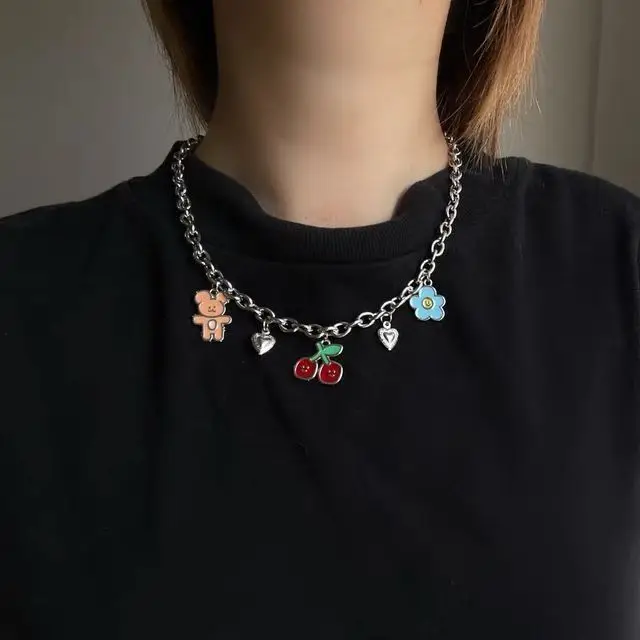 

Ювелирные изделия Y2K, подвеска в форме сердца вишни для женщин, модное металлическое ожерелье в стиле Харадзюку с медведем в стиле панк 90-х г...