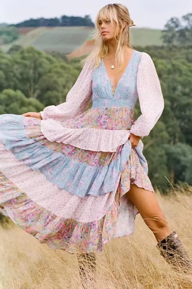 

women's V neck lantern sleeve retro print dress