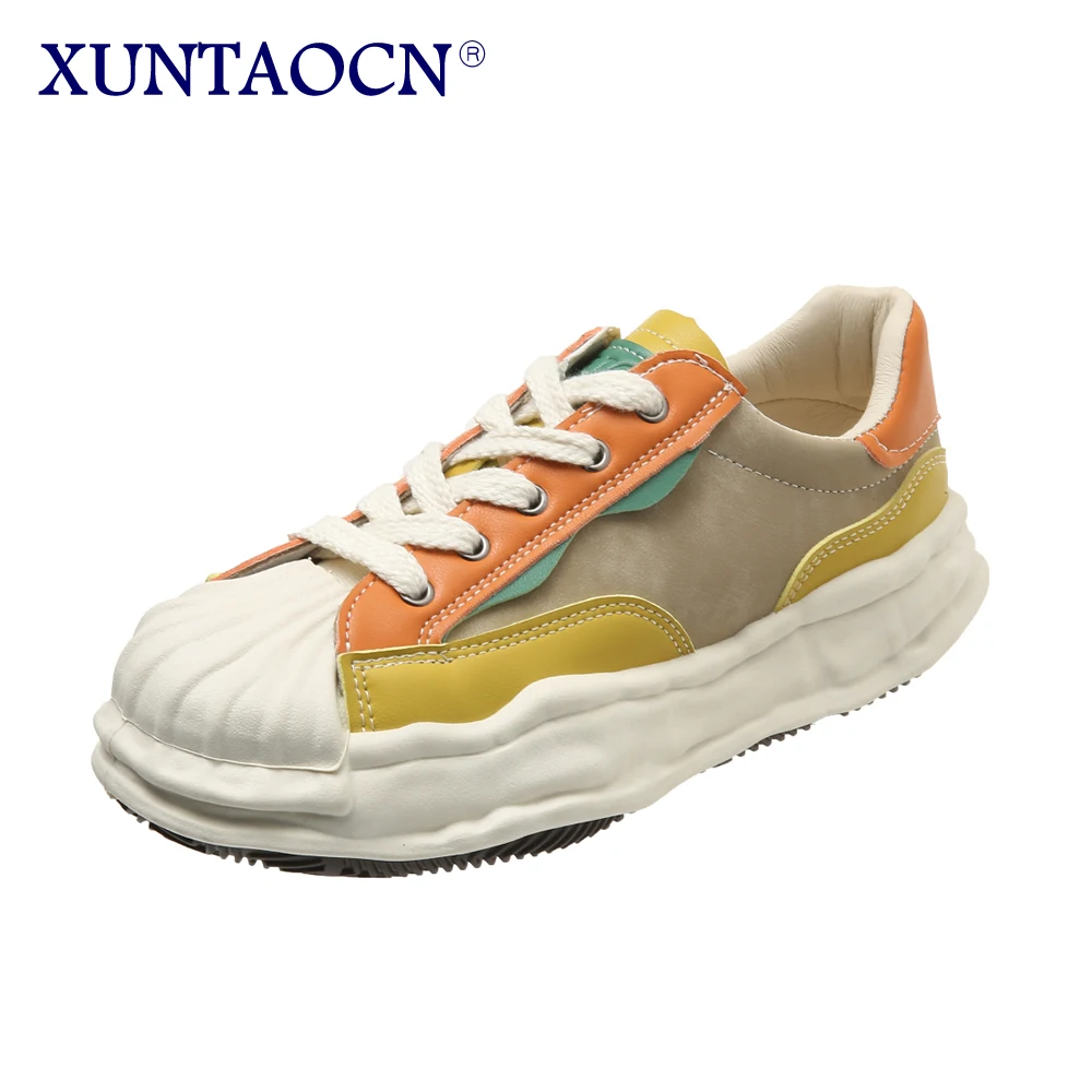 

2023 Spring Autumn thick soled cowhide tide ins casual women's shoes shell head dissolved shoes female leather retro daddy shoes