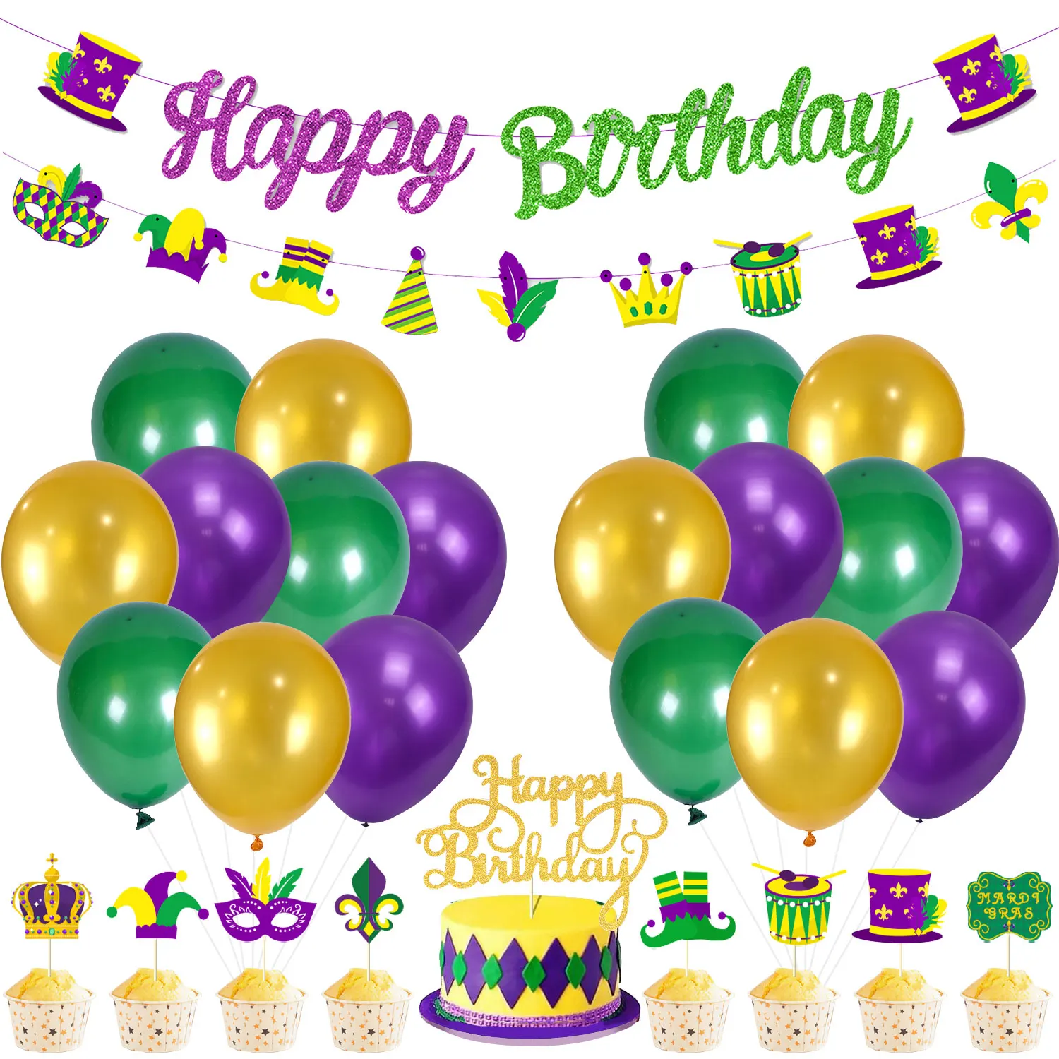 

Mardi Gras Birthday Party Decorations, Happy Birthday Banner, Cupcake Toppers for Carnival, Women Party Supplies