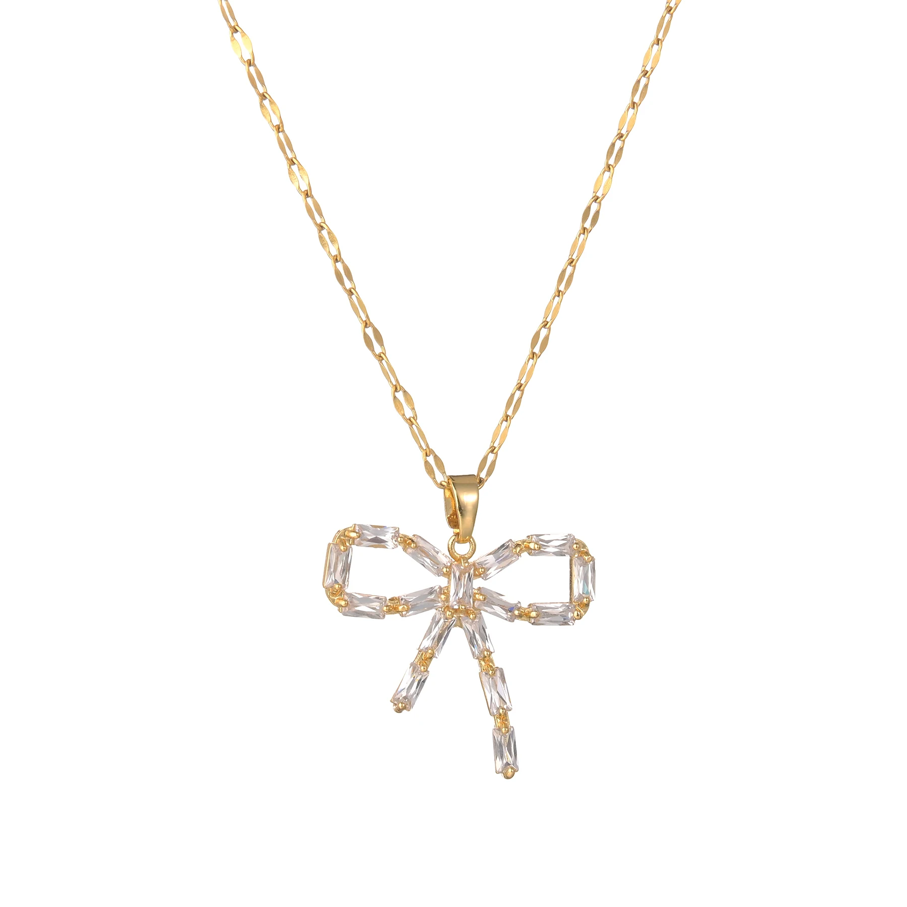 

Simple Gold Geometric Cut Sparkling Zircon Bow Pendant Necklace for Women Wedding Engagement Jewelry