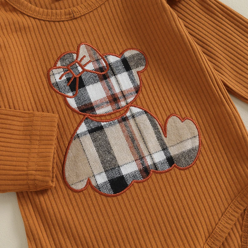 

Newborn Infant Baby Girl Clothes Bear Ruffle Long Sleeve Ribbed Romper Top Flannel Plaid Skirts Headband 3Pcs Fall Outfit Set