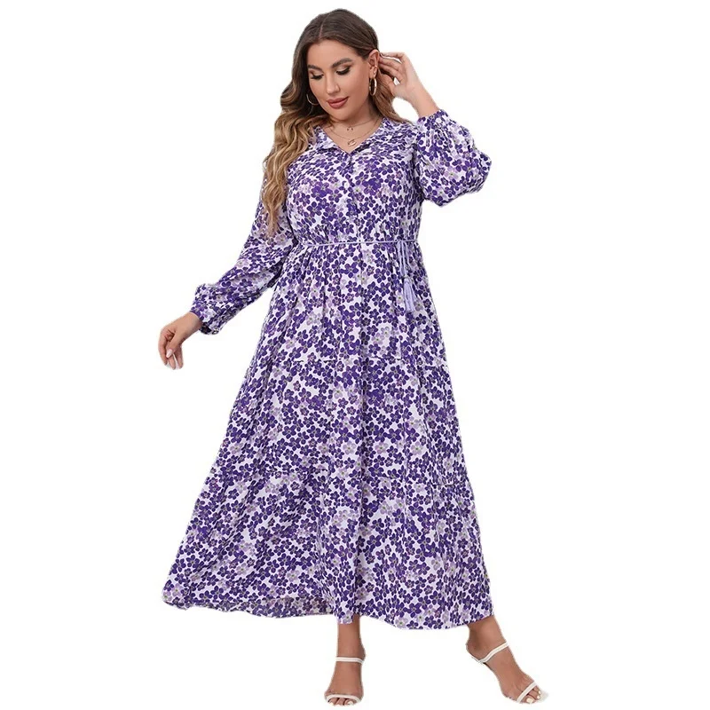 2022 Plus Size Floral French Flower V-Neck Large Size Dress V-Neck Long Dress For Beach Holiday Travel Style Long Women's Dress