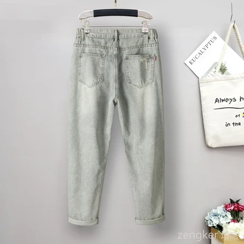 Summer women   plus size old broken hole extra large size jeans girl nine-quarter pants loose thin section 115kg 6xl jeans woman