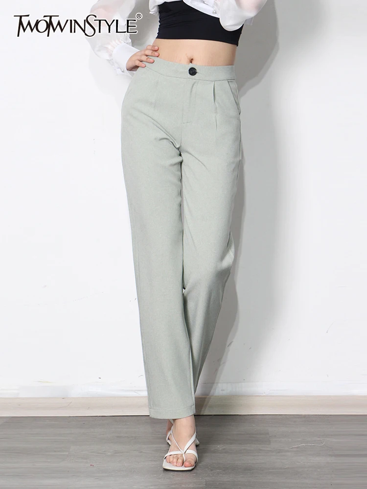 

TWOTWINSTYLE Casual Pants For Women Stright Mid Waist Pockets Slim Fit Elegant Pants Female 2022 Fashion Spring Women Clothing