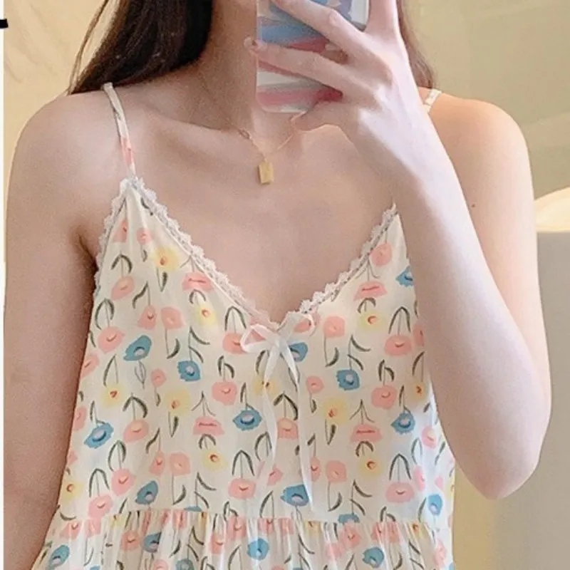 Women Summer Night Infections Printing Bra Sling Pajama Dresses Cotton Sexy Lace Long Length Student Room Wear Nighty For Lady