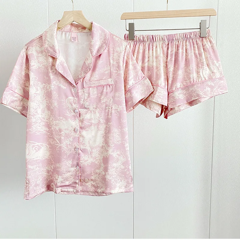 

Лето 2023, шелковая пижама для женщин, женский кардиган с чернильным принтом и принтом, удобная домашняя одежда с короткими рукавами