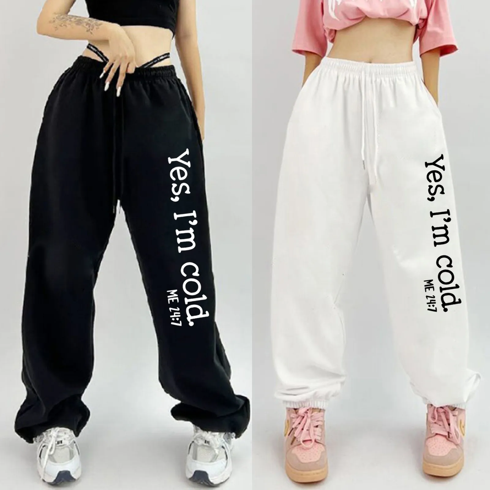 

Ladies Letter Print Leggings Sweat Pants Elastic Drawstring High Waist Loose Sport Trousers Women Pockets Oversize Joggers Pants