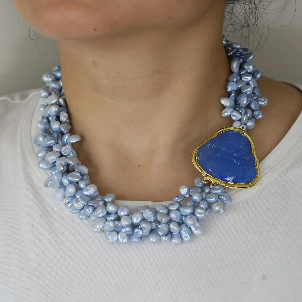 GuaiGuai-collar de 4 filas para mujer, Gargantilla con conector de Buda de Jade azul perla Keshi cultivada en agua dulce Natural, 18 pulgadas