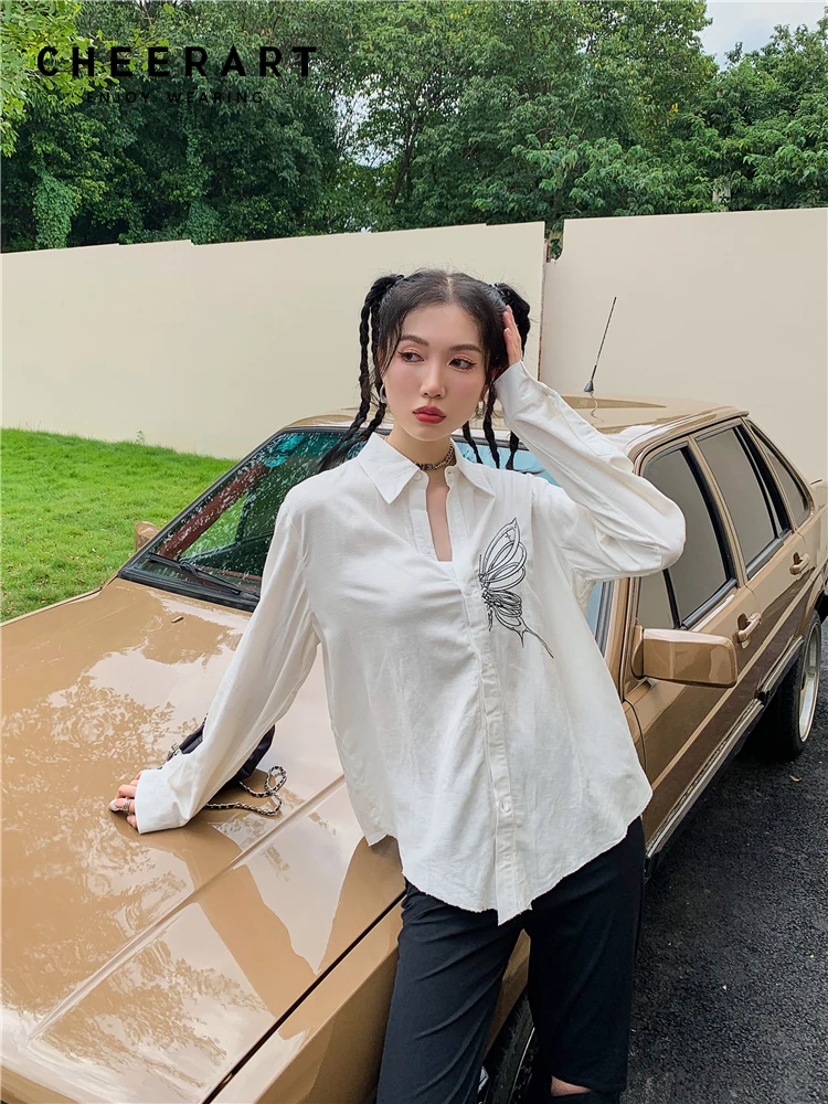 

CHEERART Butterfly Embroidery White Button Up Collared Shirt For Women 2022 Long Sleeve Top And Blouse Designer Fashion Clothing