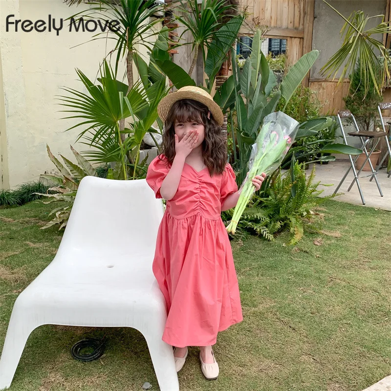 

Freely Move Baby Girls Dresses Summer Dresses Kids Puff Sleeve Cute Pleated V-neck Dress Summer Princess Dresses for Girls