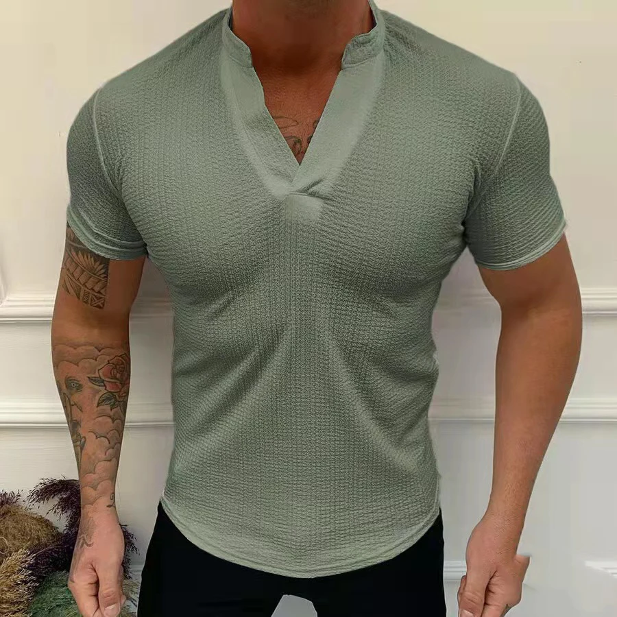

H305 Solid V-Neck Pullover Tops Men's Casual Short Sleeve Threaded Breathable Slim Tee Men Streetwear