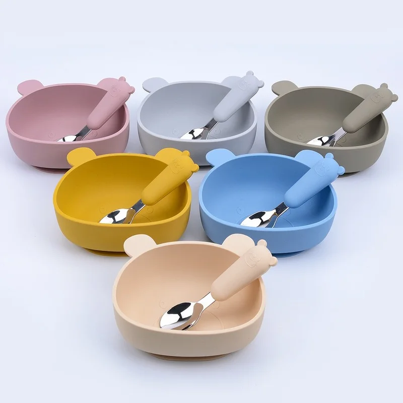 Silicone Baby Feeding Bowl Spoon Fork Non-Slip Tableware Set BPA Free Silicone Bowl for Baby Children Dishes Bowl Baby Plate
