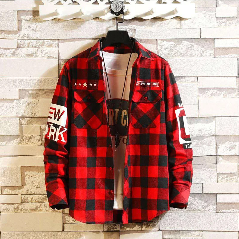 

2023 Men's Streetwear Thick Shirts Harajuku Color Block Plaid Shirt Long Sleeve Male Vintage Korean Men Fashions Clothes