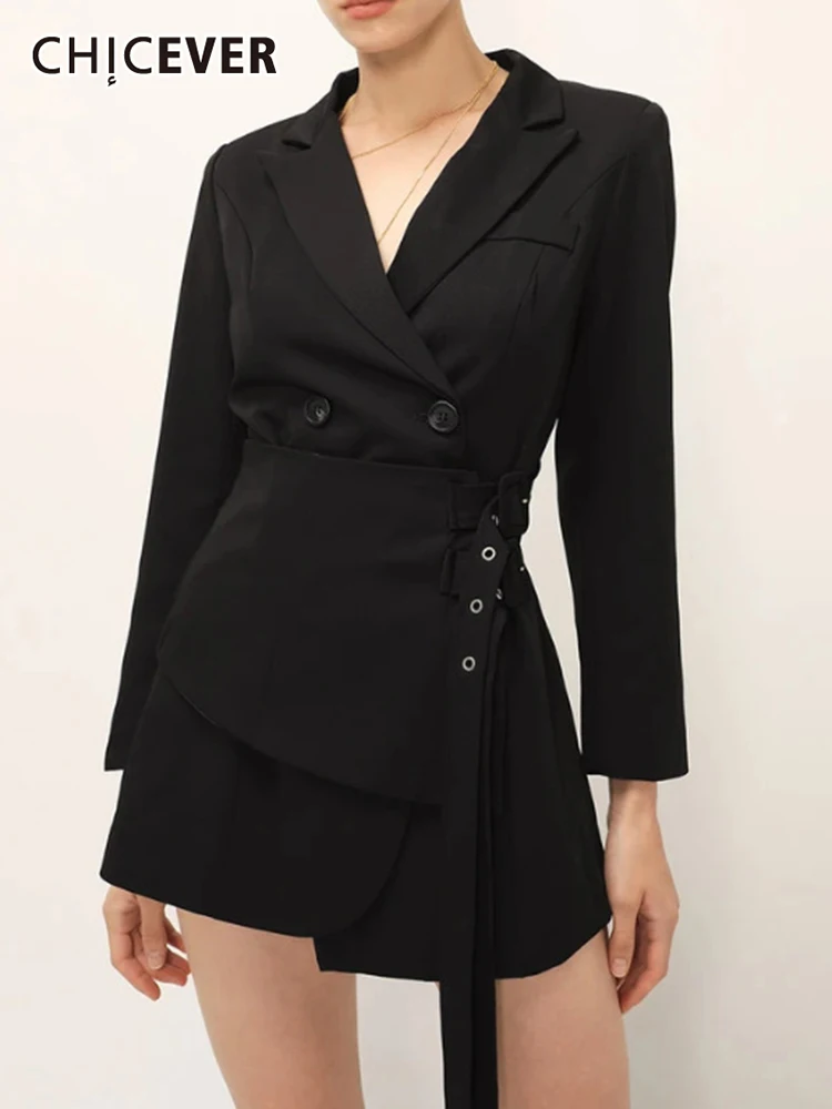 

CHICEVER High Street Patchwork Sashes Blazer For Women Notched Collar Long Sleeve Casual Black Blazers Female Fashion 2022 Style