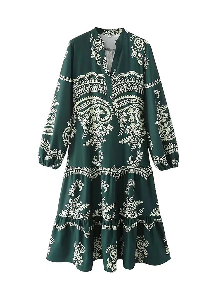 

YLJHQX 2022 Women Summer Fashion Print Dress Vintage Long Sleeve V-Neck Loose Female Midi Dress
