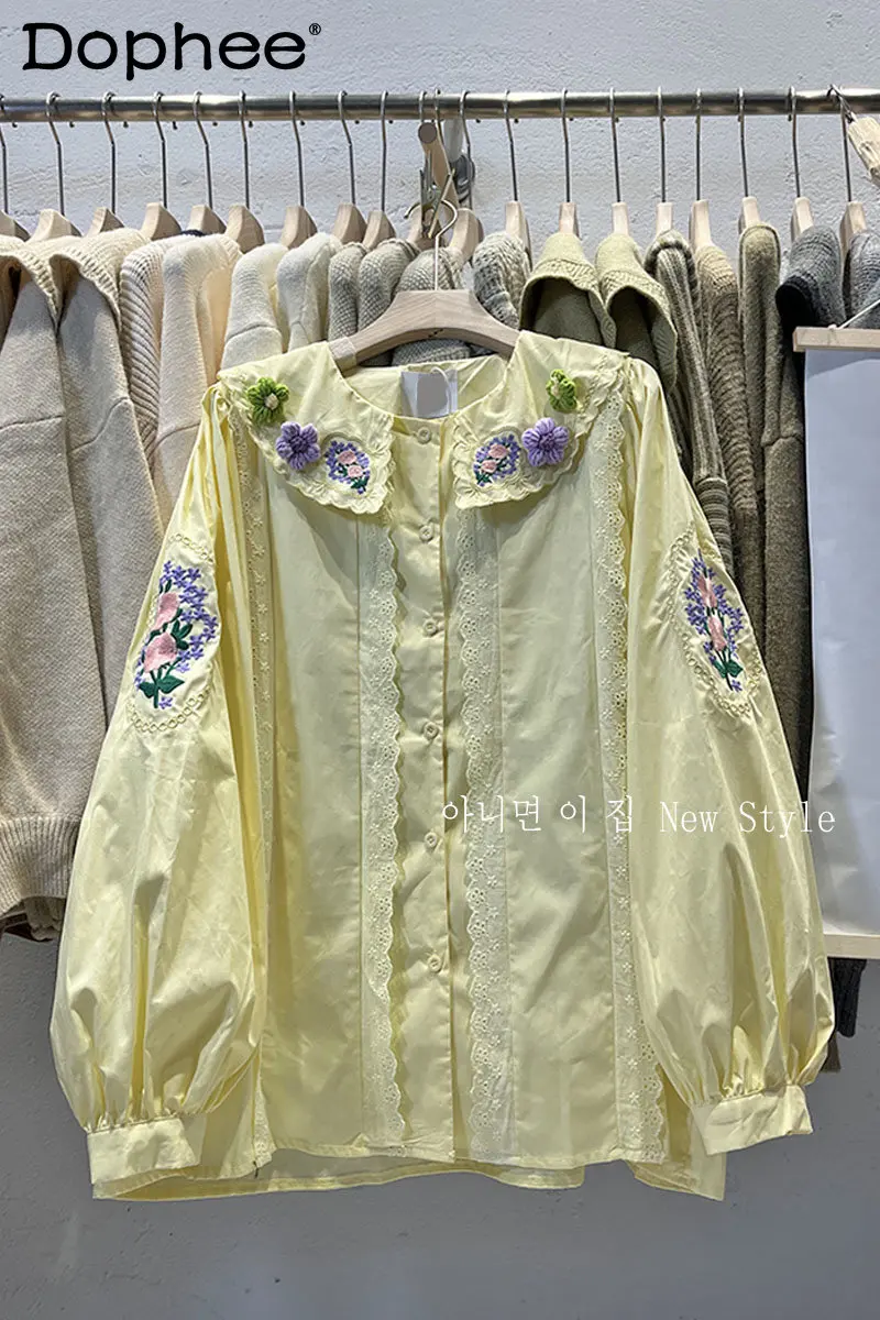 

Exquisite Embroidered Flowers Doll Collar Palace Style Lantern Long Sleeve Shirt Women 2023 Spring New Loose Casual Blusas Top