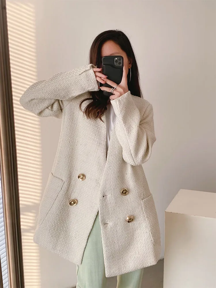 

New Women's Fashion Versatile V-Neck Pocket Decorative Double Breasted Textured Suit Thick Jacket