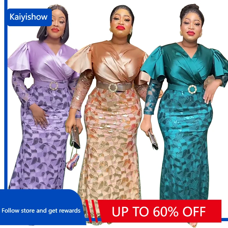 

African Wedding Party Dresses for Women Spring Autumn African Women V-neck Long Sleeve Long Dress Maxi Dress African Clothes