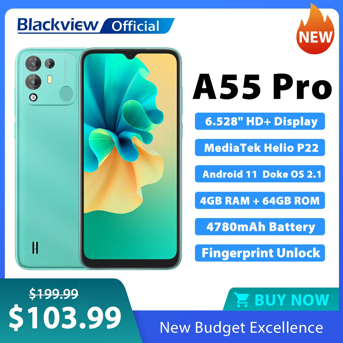 Blackview A55 Pro Smartphone Android 11 6.528 HD+ Display Mobile Phone 64GB Helio P22 Octa Core 13MP Camera 4780mAh 3 Card Slot