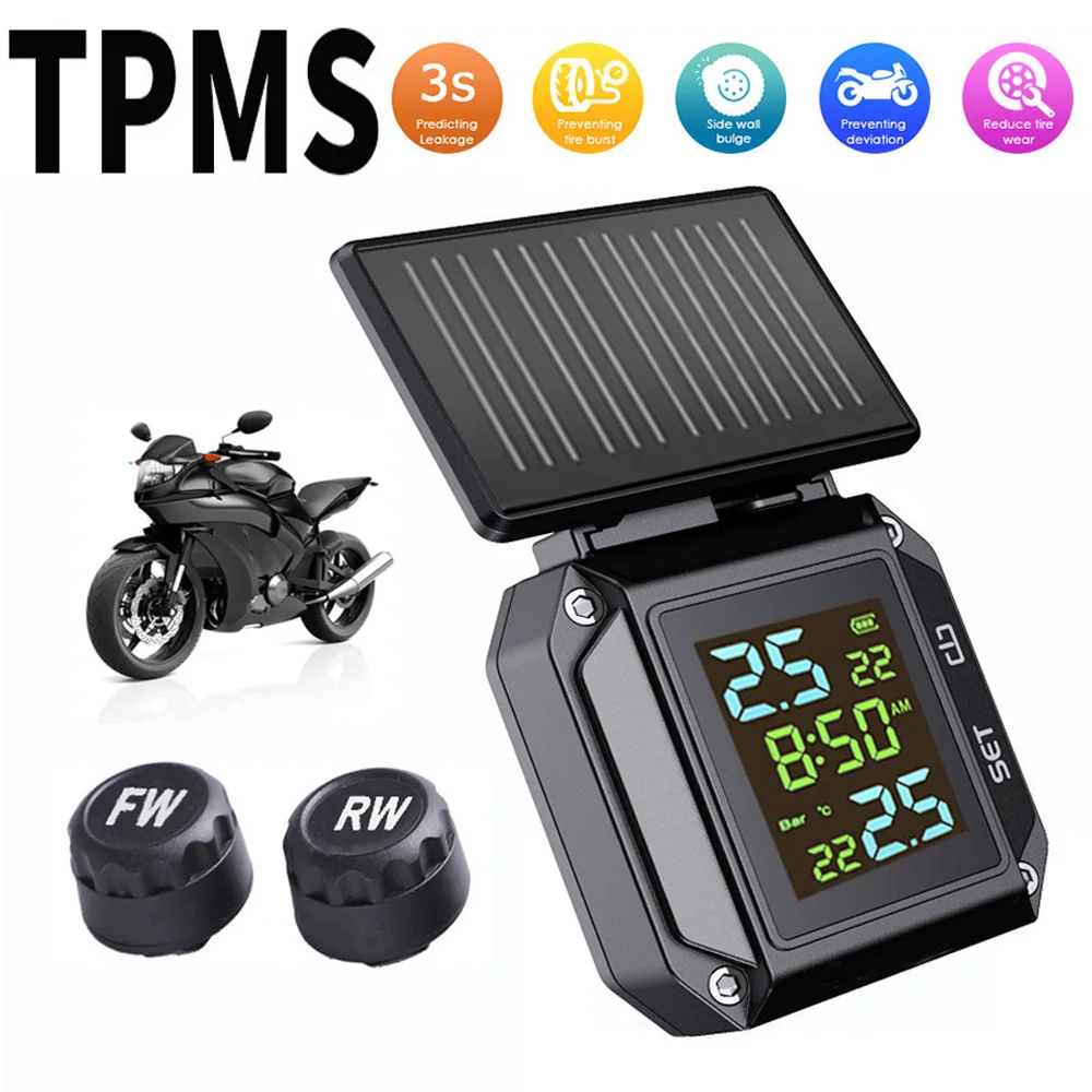 

Solar Motorcycle TPMS Tire Pressure Monitoring System 2 External Sensors LCD Display Solor USB Charge Tyre Temperature Alarm