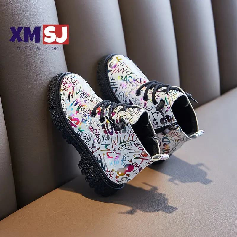 

Kids Fashion with Word Prints Cool Tide Boots for Boys Children Unisex Korean New PU Versatile Princess Ankle Boots for Girls