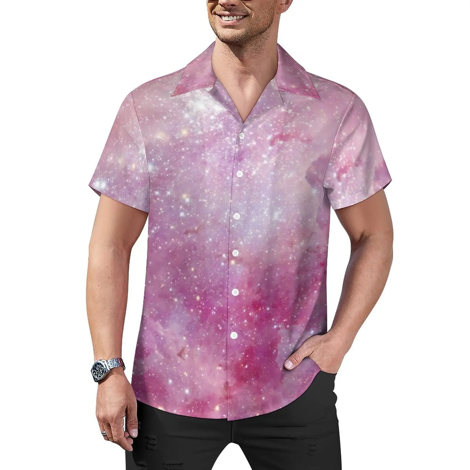 

Starry Space Loose Shirt Male Beach Watercolor Stars Galaxy Casual Shirts Hawaiian Printed Short Sleeve Trendy Oversized Blouses