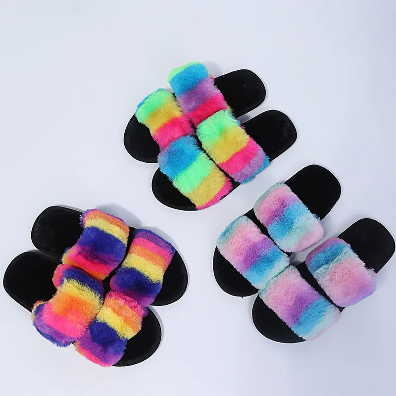 Large Size Color Wool Slippers Women Fall/winter Home Furnishing Cotton Slippers Fashion Word Slippers Women's Outer Wear