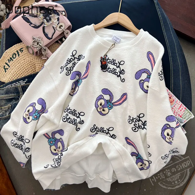 Female Student Full Printed Cartoon Printed Terry Hoodie Coat 2023 Spring New Cotton Round Neck Long Sleeve Pullover Sweatshirts