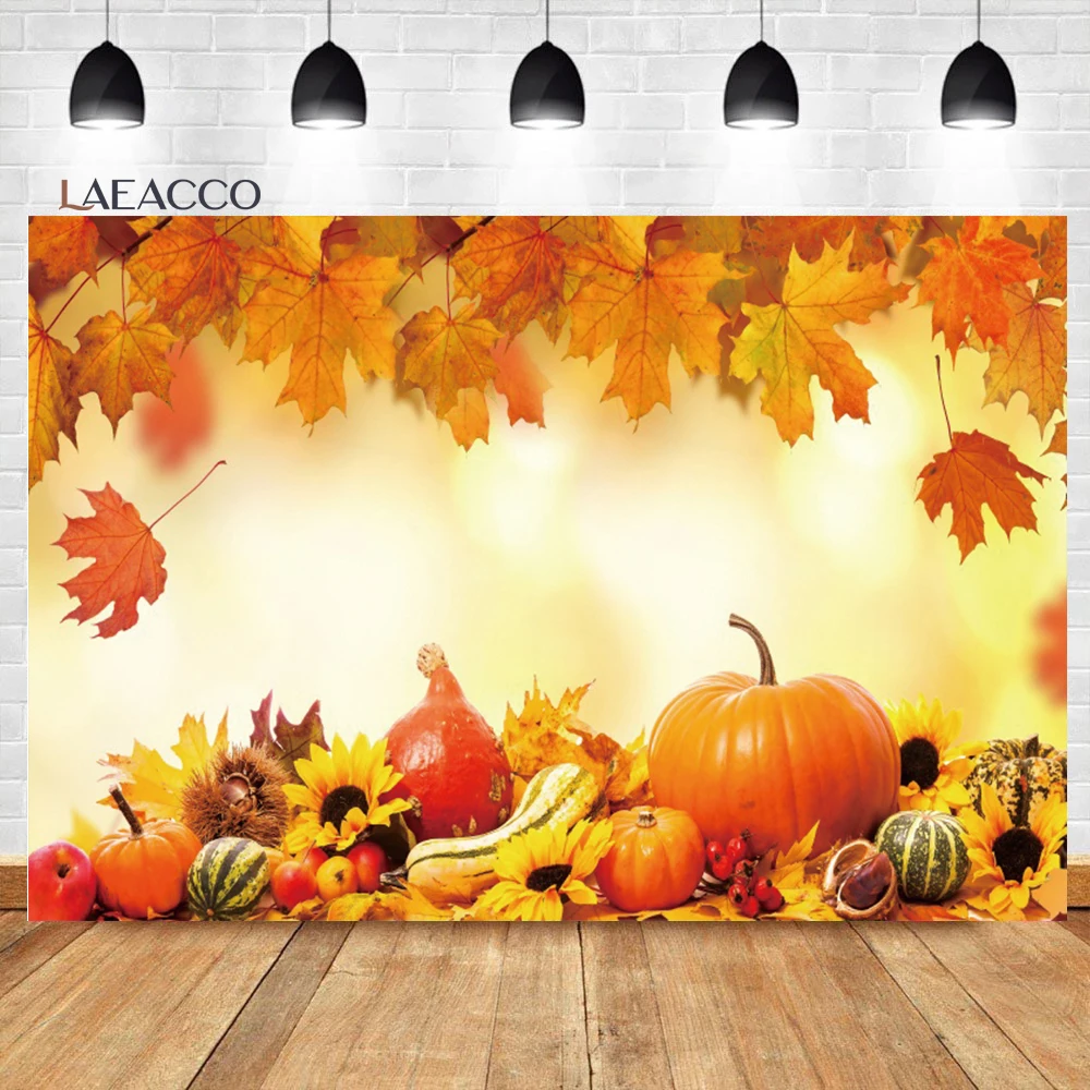 

Laeacco Autumn Photography Backdrop Thanksgiving Fall Pumpkins Maple Leaves Harvest Sunflowers Kids Baby Portrait Background