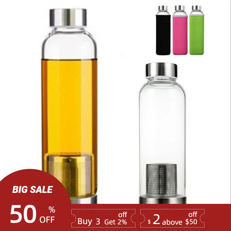 Стеклянная бутылка для воды, 550 мл, не содержит бисфенола А, устойчивая к высоким температурам, Спортивная бутылка для воды с заварником для чая, нейлоновый защитный рукав