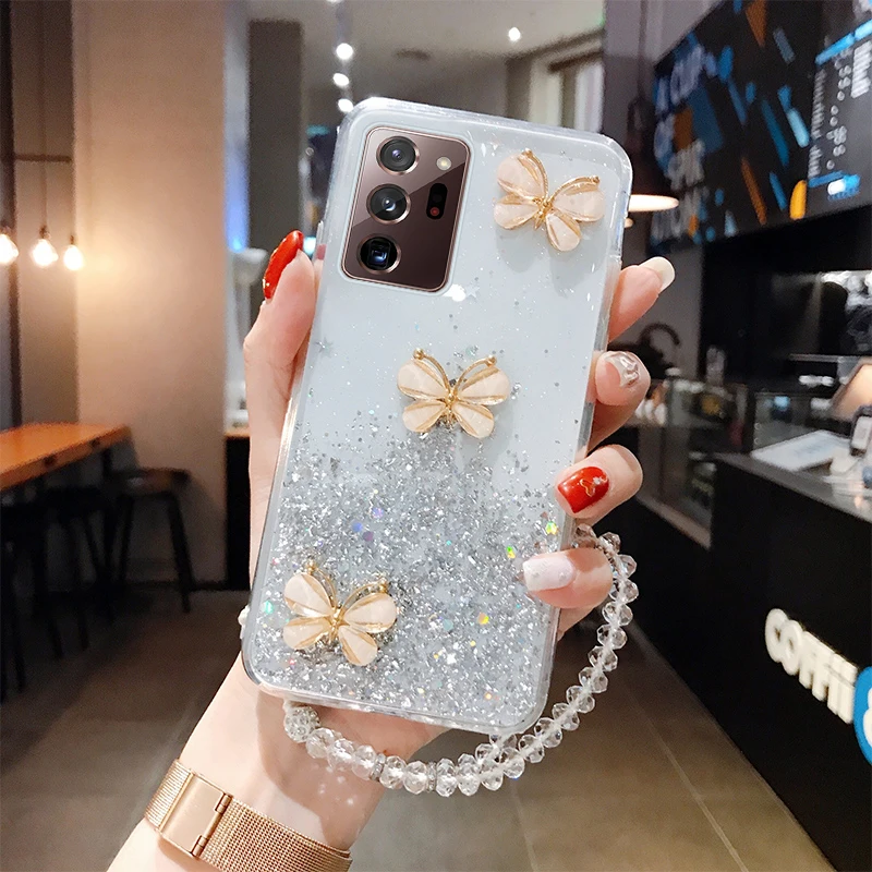 Shiny Glitter Butterfly Lanyard Case for Samsung Galaxy A12 A22 A32 A42 A52 A72 A02 A51 A71 A20 A21 A31 A41 A20E A50 A70 Coque